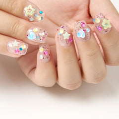 10pcs Handmade Summer Press On Nails Short Fake Nails Ballerina Love Stars Patterned Fake Nail Cute Nail Art Sweet Fake Nails