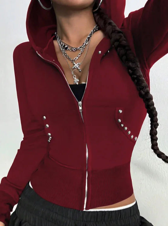 Ingvn - European American Style Spring Autumn New Hooded Womens Sweatshirt Fashion Trendy Slim Fit Versatile Beaded Cardigan Coat