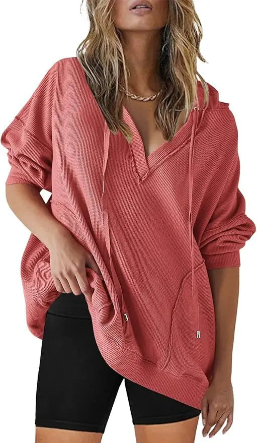 Ingvn - Women Solid Wfle Knit Hoodie V Neck Long Sleeve Loose Casual Pullover Top