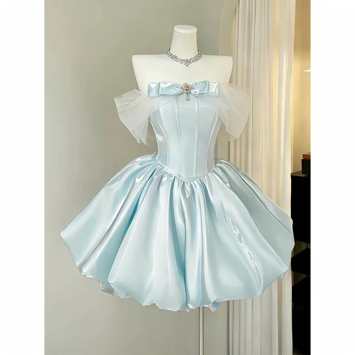 Ingvn  Elegant Sweet Socialite Princess Blue Birthday Party Dress Off-shoulder Bow Mesh High-waist Puffy Short Dress Women Summer