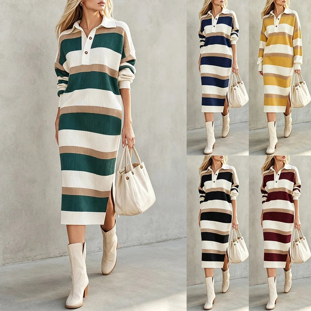 Ingvn - Women's Striped Knit Midi Dress Polo Collar Long Sleeve Button Color Block Loose Casual Autumn Winter Ladies Sweater Dresses