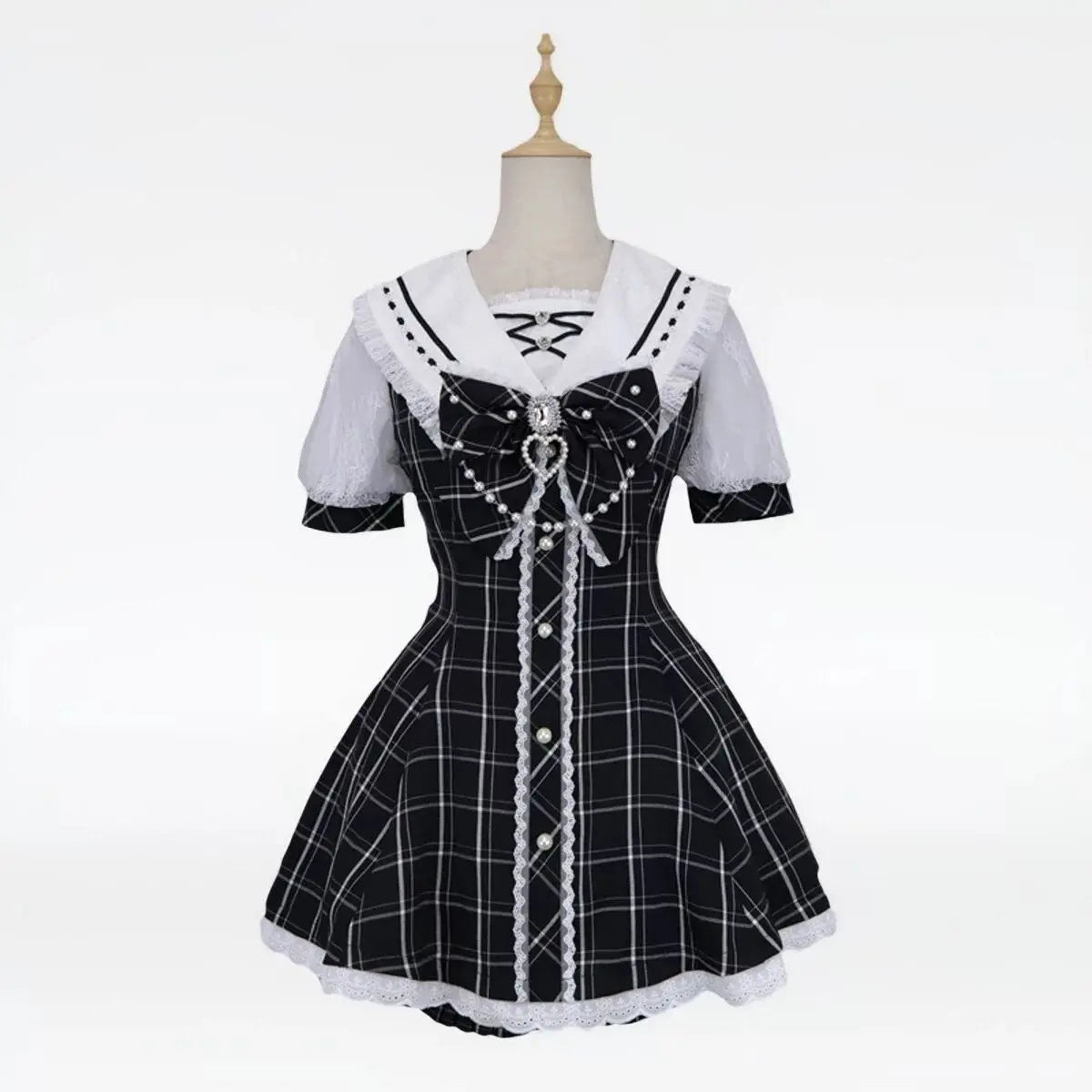 Ingvn  Harajuku Vintage Lace Bow Lolita 2 Piece Set Women Y2K Slim Dress Tops Casual Shorts Sweet Fashion Suit Chic