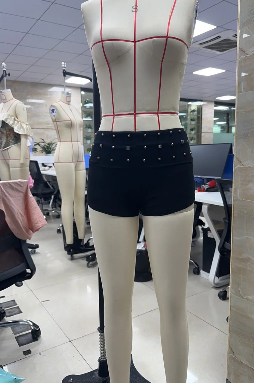 Ingvn  Women's Y2K Elastic Low Rise Studded Shorts Punk Fold Over Waist Slim Fit Skinny Goth Micro Mini Shorts Sexy Loungewear Bottoms