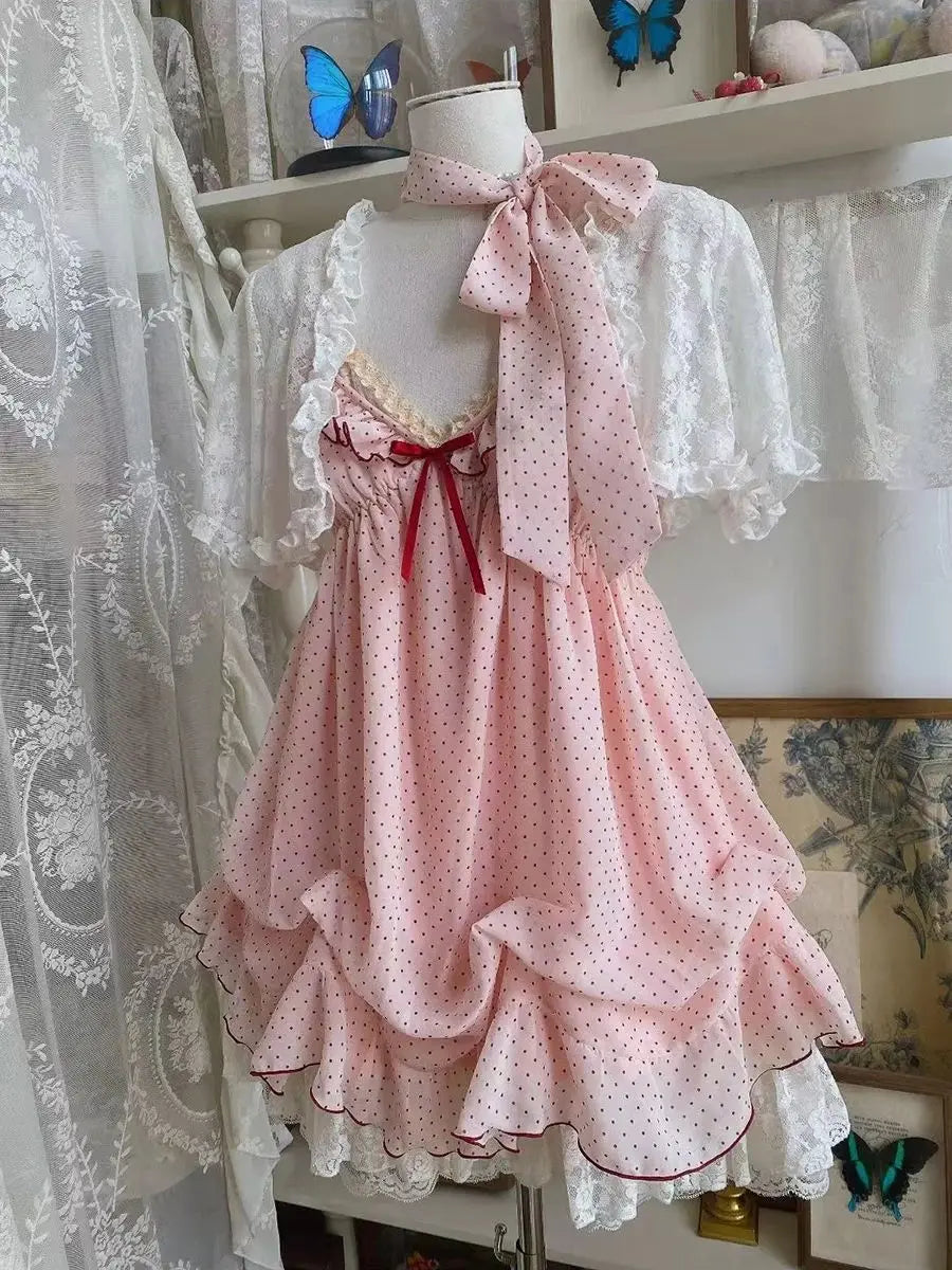Ingvn  Summer New Harajuku Sweet 2 Piece Set Y2k Dot Strap Mini Dress Tops Lace Cardigan Vintage Style Set Woman Chic