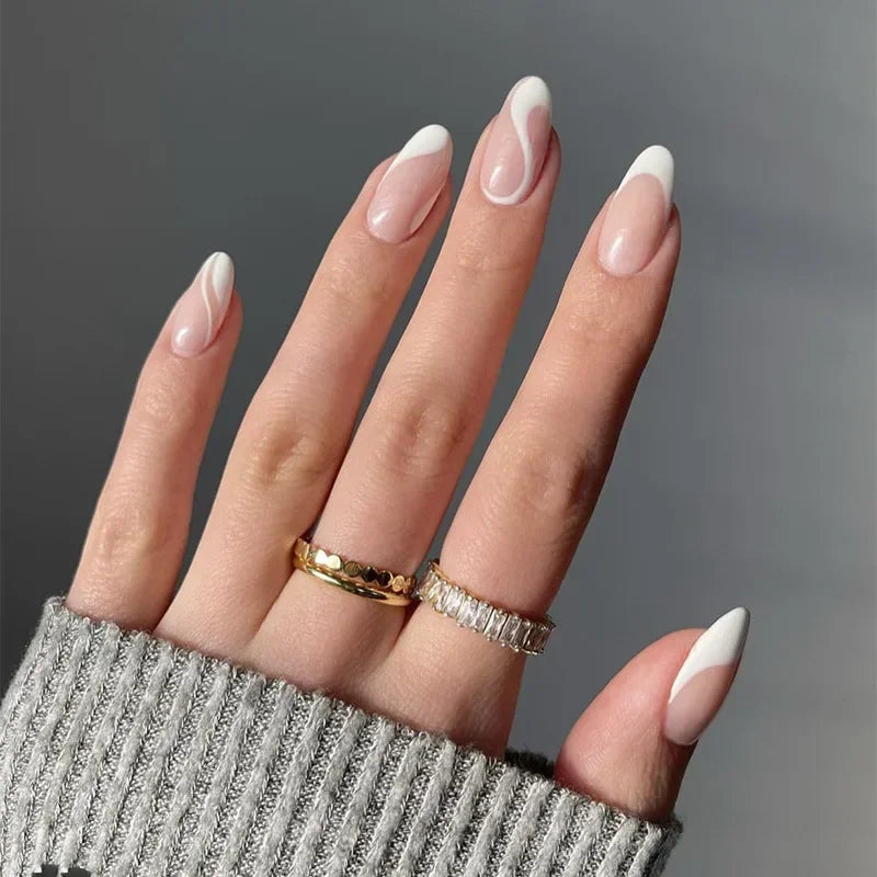 Ingvn  24Pcs Simple Green French False Nails Short Almond Fake Nails with Wave Line Design Wearable Round Head Press on Nail Tips