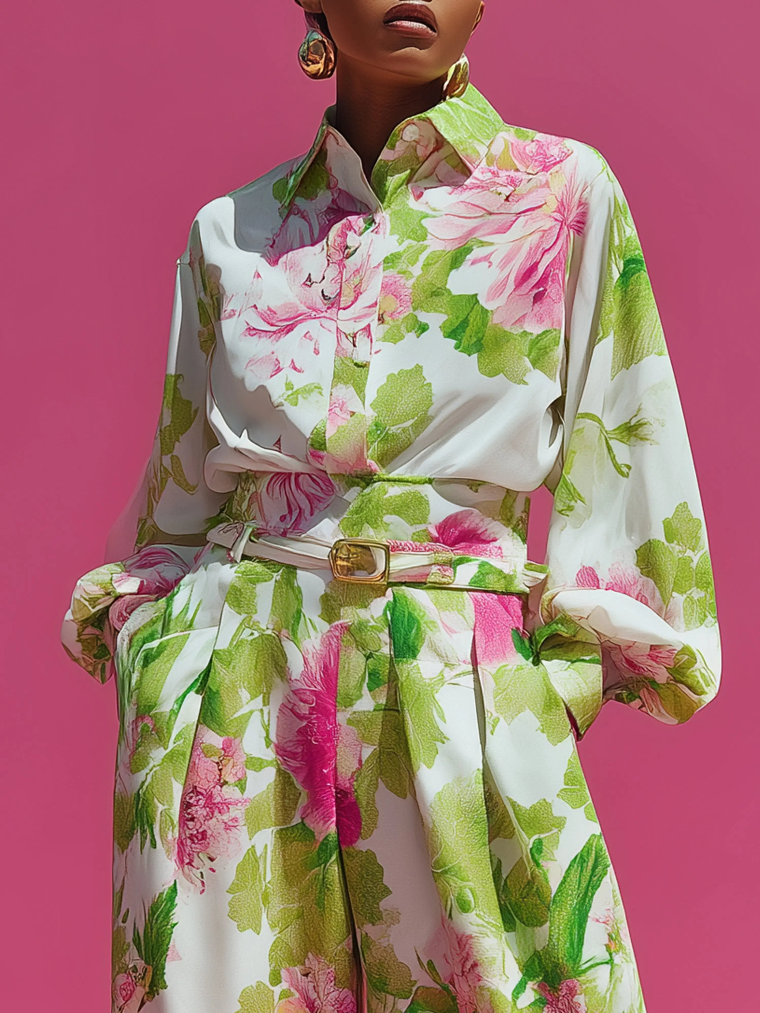 Ingvn  Fashion Women Flower Print Two Piece Set Elegant Long Sleeve Lapel Button Shirts+Loose Wide Leg Pants Sets Casual Holiday Suit