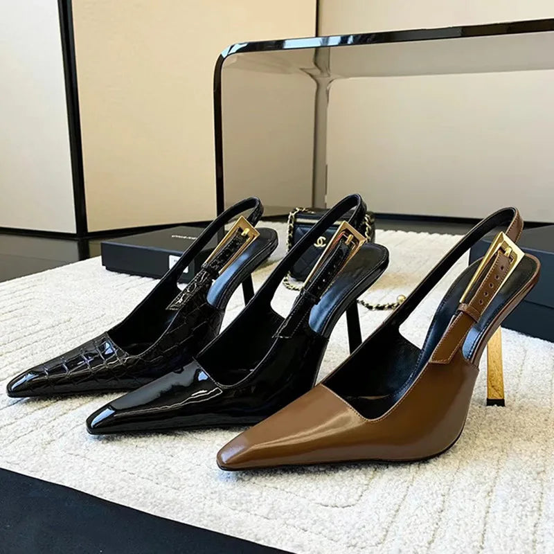 Ingvn  Star style Fashion Patent Leather Women Pumps Summer Square toe Metal Buckle Slingbacks Elegant Thin High heels Dress Shoes