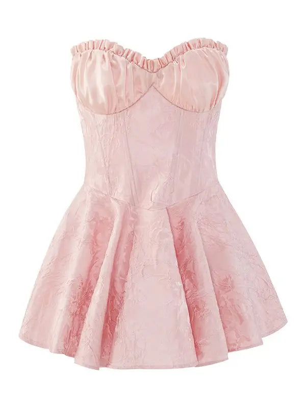 Ingvn  Women Hem Ball Gown Swing Party Skater Low Chest Dress Vestido Sexy Jacquard Satin Ruched Bra Corset style Strapless Mini Robe