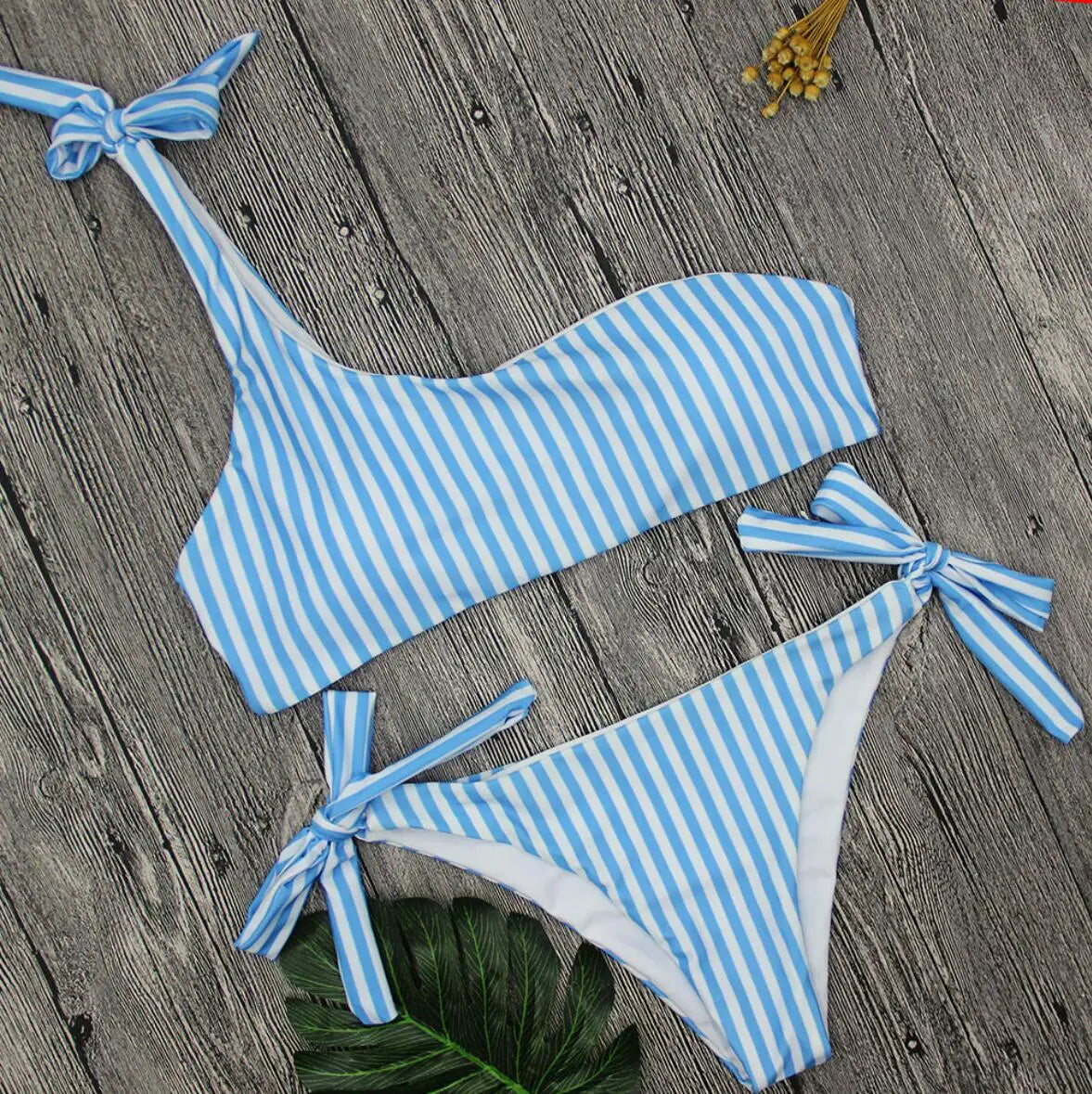 Ingvn  Summer Sexy Bow One Shoulder Striped Bikini Lacing Up Bandage Low Waist Swimsuit Set Two Piece Swimwear Beachwear