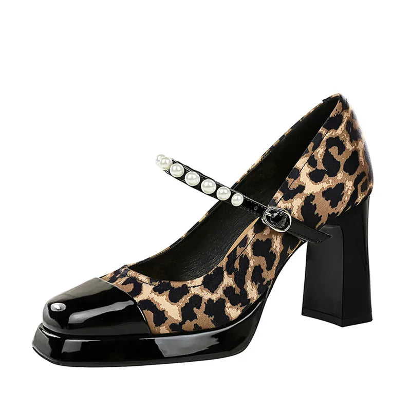 Ingvn  Fashion Leopard Printed Patchwork Pearls Women Pumps Spring Summer Platform Wedges Mary Janes High heels Chunky Dress Shoes