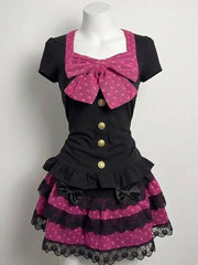 Ingvn  Y2K Kawaii Lolita Skirt Sets Women Sweet Ruffle Tops High Waist Slim Skirt 2 Piece Japanese Vintage Casual Outfits