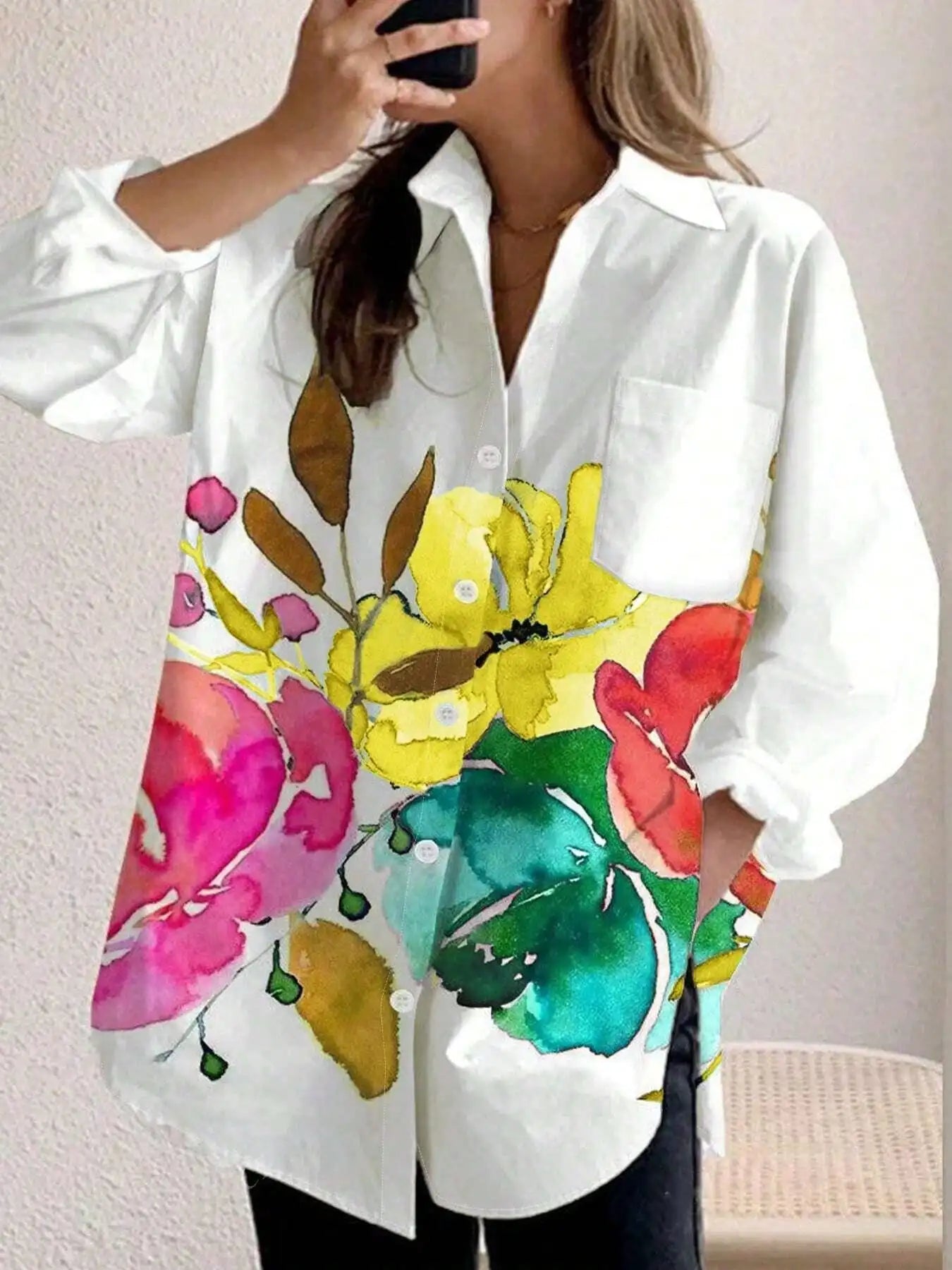 Ingvn  Plus Size Women's Fashion Spring   Autumn Floral Print Pocket Long Sleeved Casual Shirt Lapel Single Breasted Loose Blouse Shirt