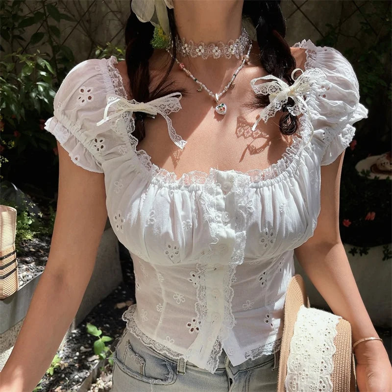 Ingvn  Retro Embroidered Lace Trim Bubble Sleeve Holiday White Shirt Short Sleeve French Style Slim Fit Polyester Fiber Deformable S...