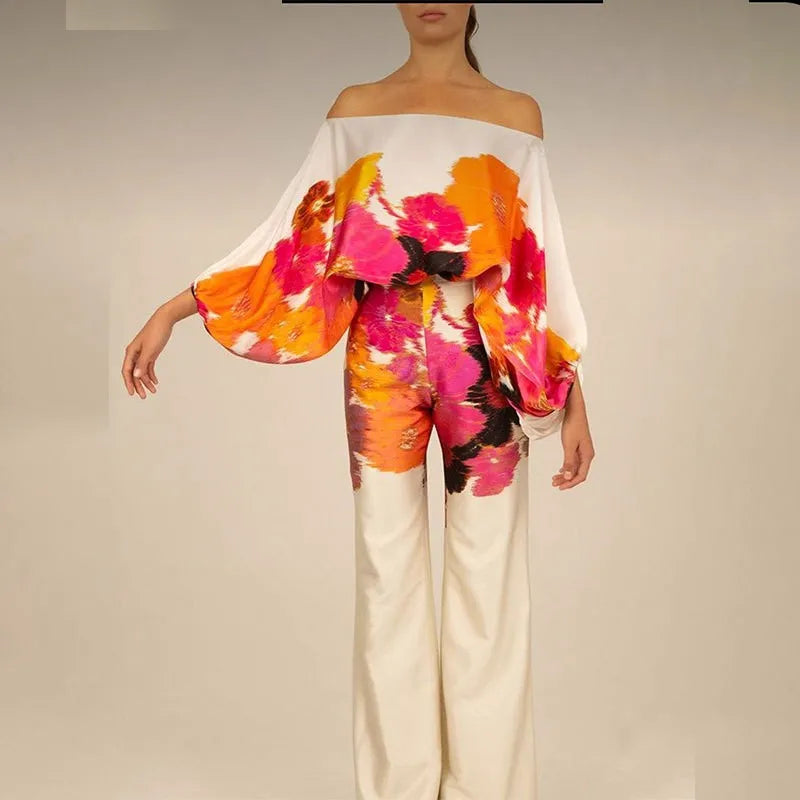 Ingvn  Spring Women's Clothing Floral Off Shoulder Loose Batwing Sleeve Wide Leg Pants Set Polyester Elegant Comfortable Casual Wear