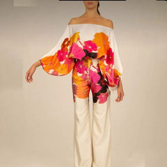 Ingvn  Spring Women's Clothing Floral Off Shoulder Loose Batwing Sleeve Wide Leg Pants Set Polyester Elegant Comfortable Casual Wear