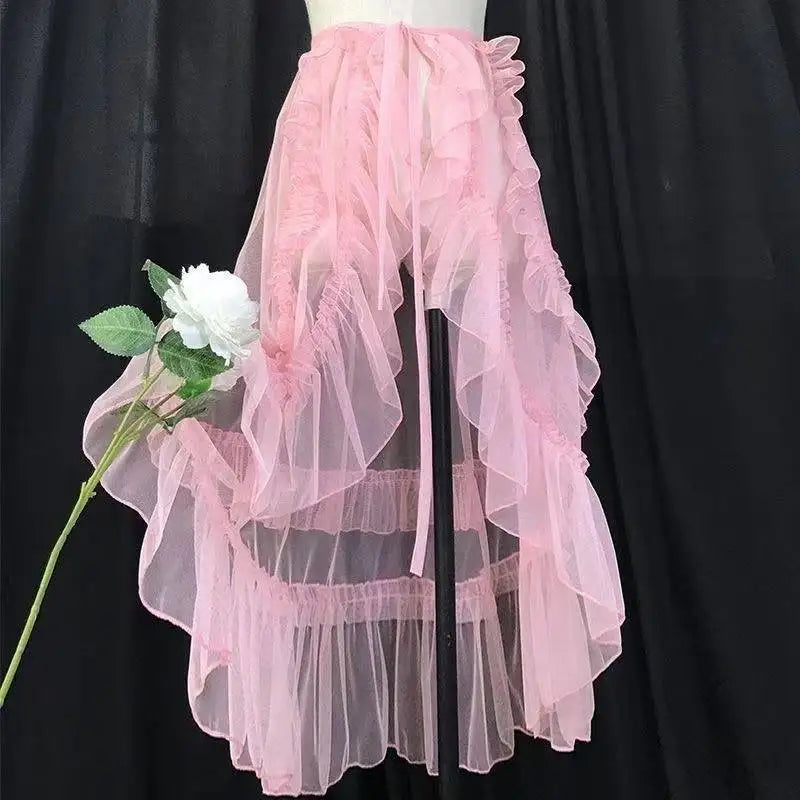 Ingvn  Y2k Kawaii Vintage Irregular Skirt Women Lolita Lace Ruffles Bow Skirt Harajuku Subculture Cute Party Outfit Skirt