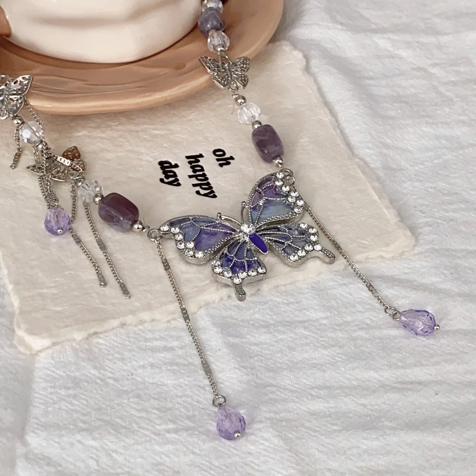 Ingvn  Purple Necklace for Women Crystal Butterfly Tassels Fashion Punk Style Jewelry Sweet Vintage Collares Para Mujer