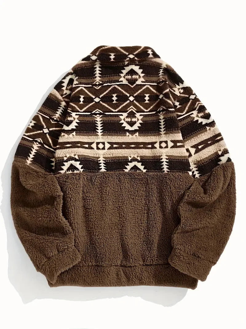 Ingvn - European American Autumn Winter New Arrival Half Zip Fleece Sweatshirt Casual Coat Geometric Pattern Stand Collar Top Women