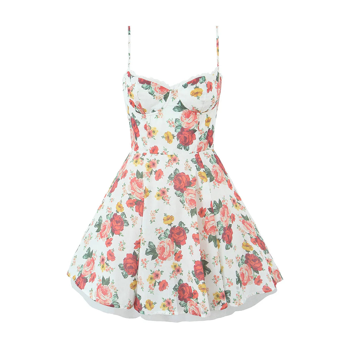 Ingvn  Sexy White with Flower Print Cotton Corset Style Sling Mini Dress Women Lace V Low Chest with wire Ball Gown Swing Party Robe