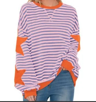 Ingvn - Women Casual Striped Sweatshirt Spring Star Patchwork Round Neck Long Sleeve Loose Pullover Daily Wear