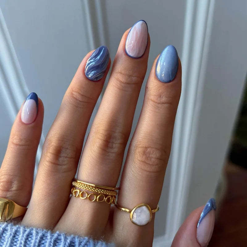 Ingvn  24Pcs Blue French Fake Nails Short Almond Nails Set Press on Wearable Wave Line Golden Star Design False Nails Manicure Tips