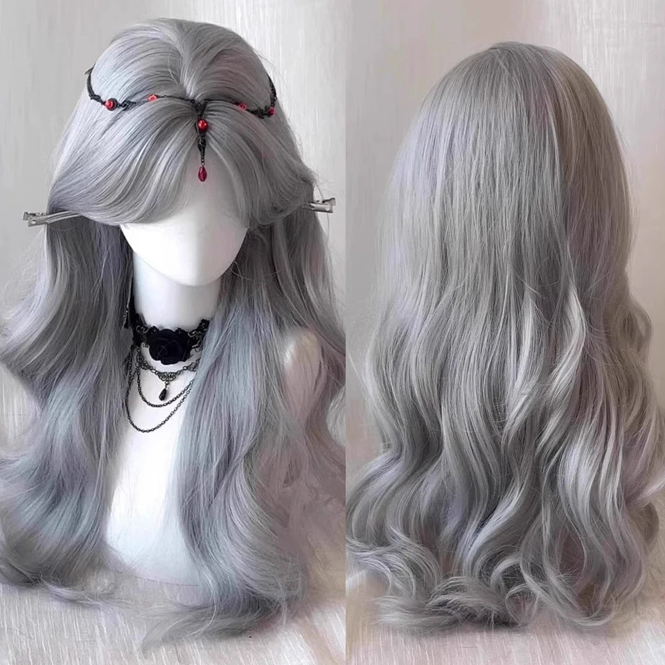 Ingvn  Long Wavy Grey Wig with Bangs Synthetic Cosplay Wig Daily Wear Natural Heat Resistant Wig Halloween Costume Wig for Women