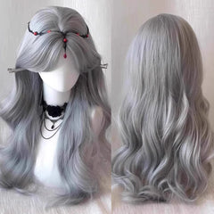 Ingvn  Long Wavy Grey Wig with Bangs Synthetic Cosplay Wig Daily Wear Natural Heat Resistant Wig Halloween Costume Wig for Women