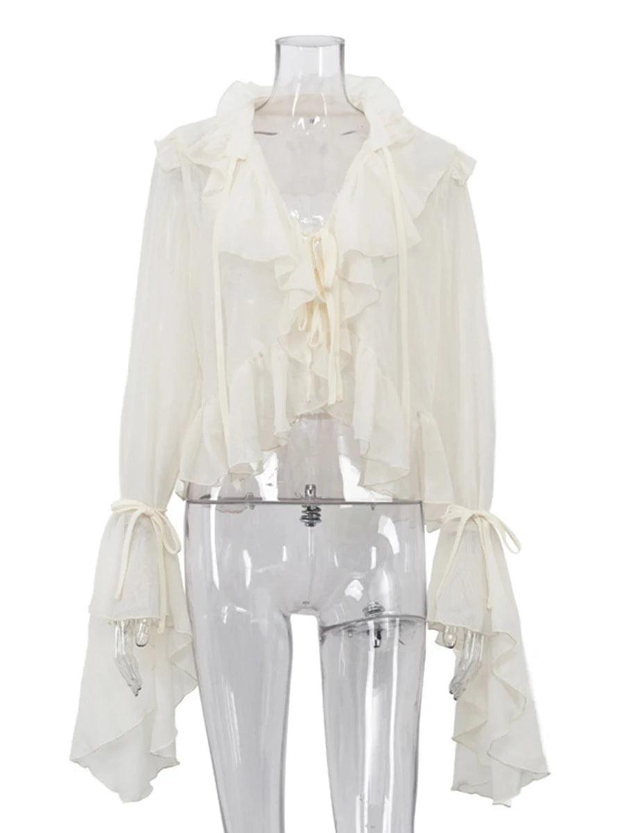 Ingvn  Apricot Loose Spliced Ruffles Elegant Shirts for Women V Neck Long Sleeve French Gentle Shirt Female Summer Fashion