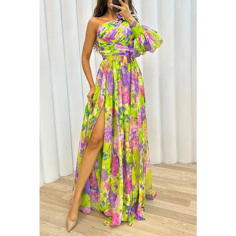 Ingvn  Autumn Women's Casual Long Sleeved Waist Tied  Off Shoulder Dress with Slanted Collar and Holiday Party Fashion Print Slit Dress