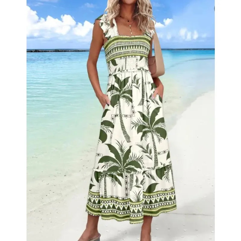 Ingvn  New Fashion Women's Waist Cinching Holiday Style Dress Ladies Elegant Sleeveless Foral Printed Elastic Waist Midi Skirt
