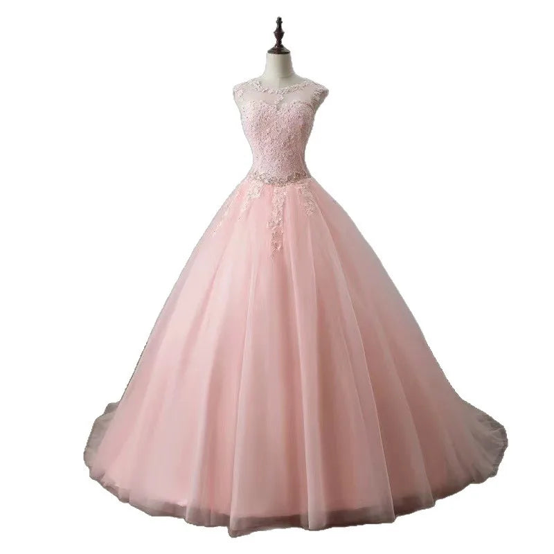 Ingvn - Pink O-Neck Appliques Ball Gown Quinceanera Dresses Beaded Masquerade Birthday Party Dress Customized Sweet Vestidos De 15 Anos