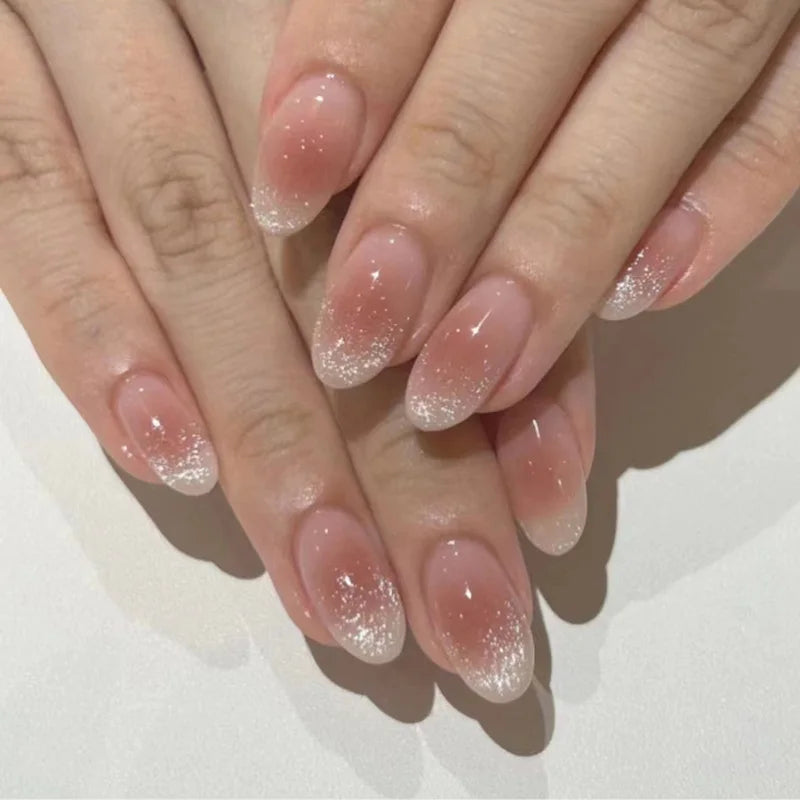 Ingvn  24Pcs Pink French False Nails Rainbow Cloud Design Full Cover Nail Tips Summer Long Almond Fake Nails Almond Press on Nails