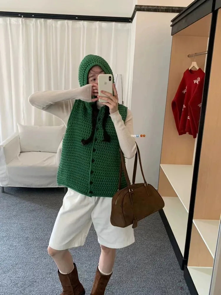 Ingvn - Women's High-End Chunky Hooded Knit Cardigan Vest Sleeveless Layering Sweater Coat Chic Coquette Trendy Vintage