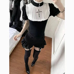 Ingvn  Gothic Vintage Two Piece Suit Women Japanese Lolita Slim Tops High Waist Black Shorts Y2K Girls Party Set chic