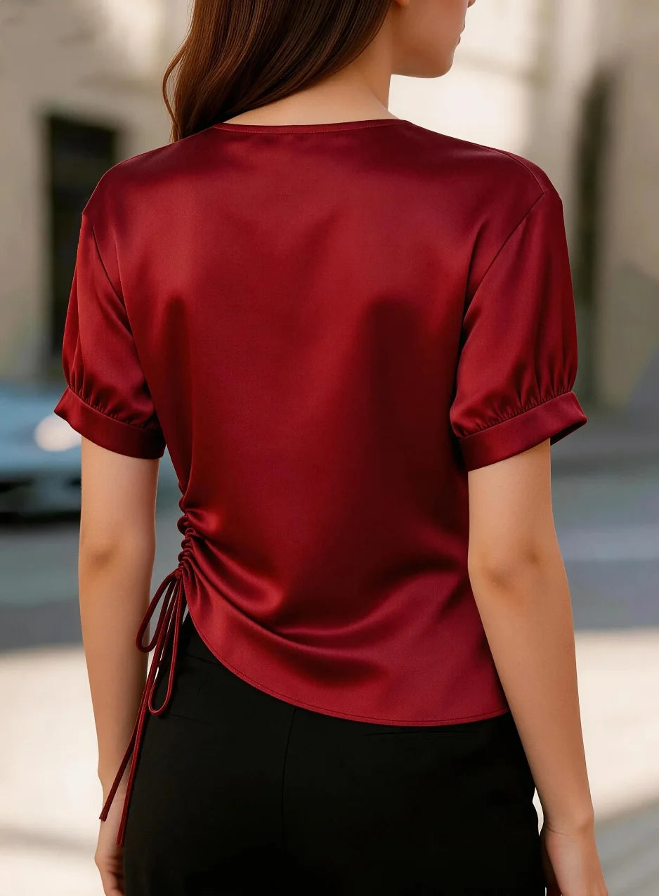 Ingvn  Women's V Neck Short Sleeve Satin Blouse with Side Ruched Tie Detail, Slim Fit Top for Casual or Office Wear