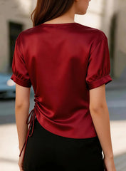 Ingvn  Women's V Neck Short Sleeve Satin Blouse with Side Ruched Tie Detail, Slim Fit Top for Casual or Office Wear