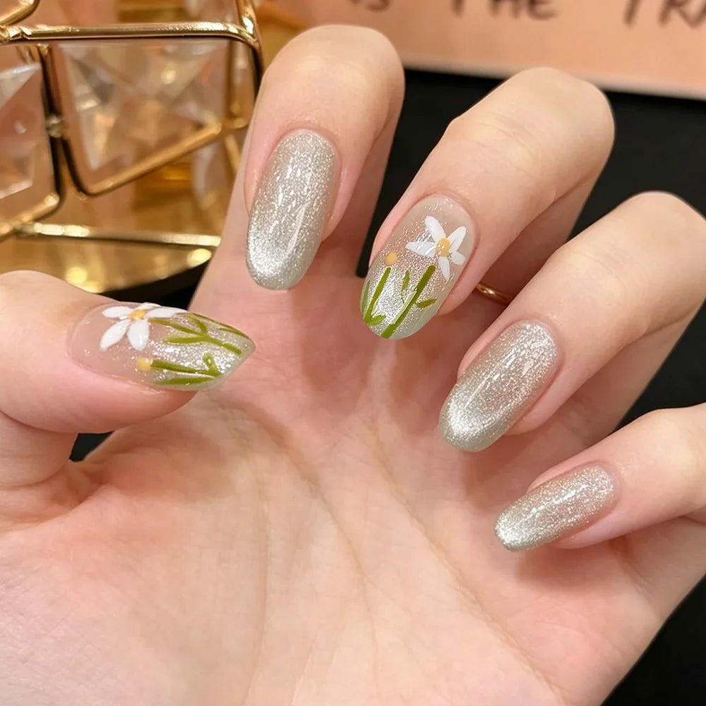 Ingvn  24Pcs Ins Simple French Full Cover Fake Nail Tips Almond Green Cat's Eye Press on False Nails Fashion Leaves Nails Set Wearable
