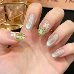 Ingvn  24Pcs Ins Simple French Full Cover Fake Nail Tips Almond Green Cat's Eye Press on False Nails Fashion Leaves Nails Set Wearable