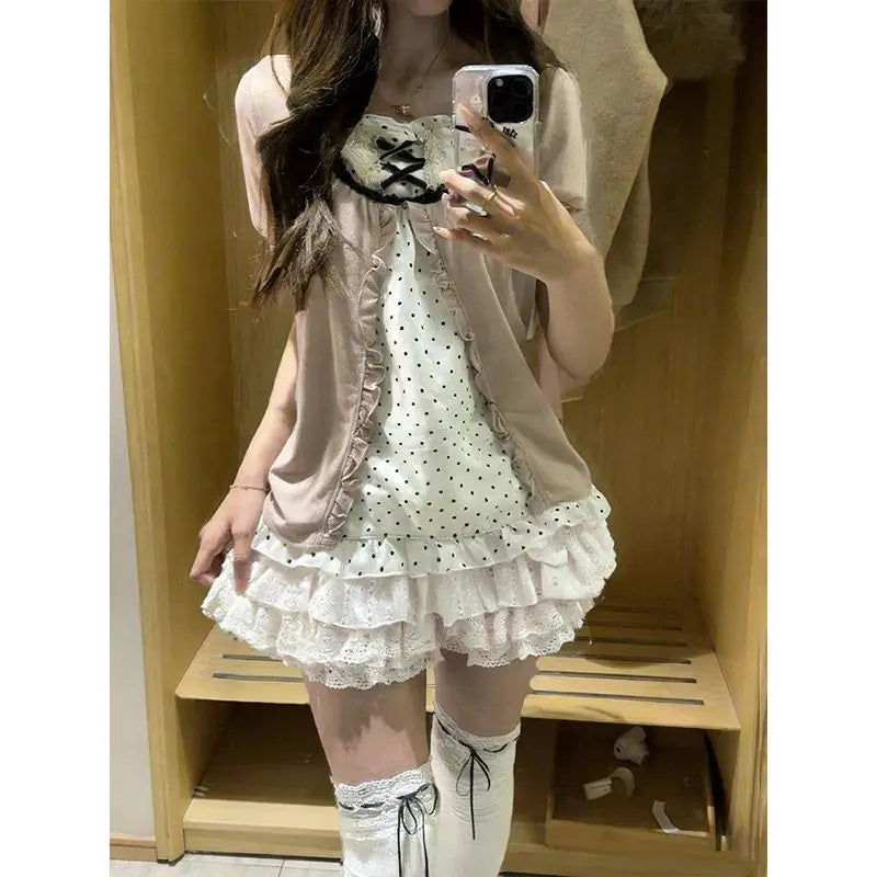 Ingvn  American Style Vintage 2 Piece Set Woman Sweet Girl Fake Two Short Sleeved Tops Casual Lace Mini Skirt Chic