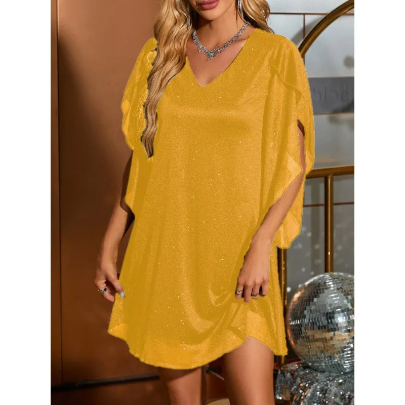 Ingvn  Spring Summer European American Cross-border V-neck Five-quarter Sleeve Holiday Party Women's Bronzing Dress