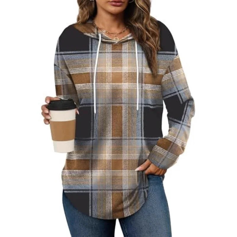 Ingvn - Women's Spring Autumn New Hooded Sweatshirt Leopard Print Plaid Stripe Print Trendy Versatile Fashion Casual Pullover Top