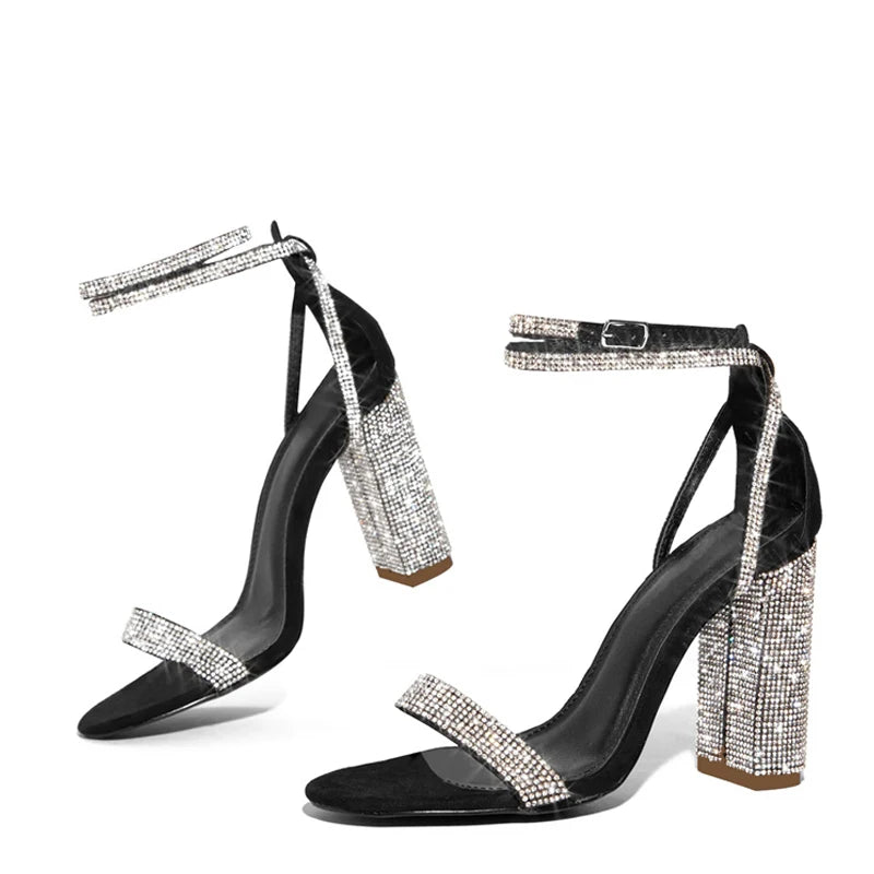 Ingvn  Fashion Glitter Rhinestones Square High Heels Sandals Summer Open Toe Crystal Ankle Strap Women Party Prom Shoes Sandalias