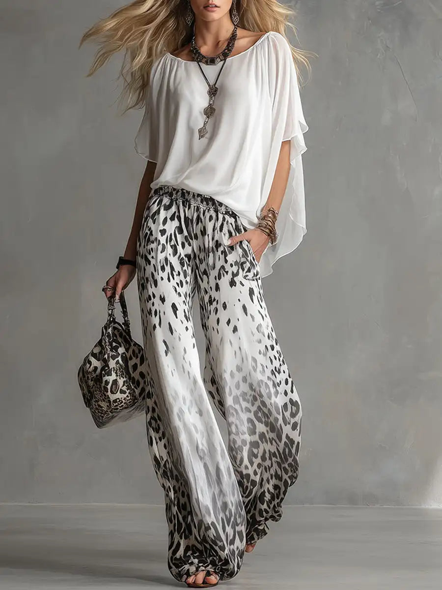 Ingvn  Summer Chiffon Outfits Woman Matching Two Piece Set for Women Solid Color Bating Sleeve Top & Leopard Print Wide Leg Pant