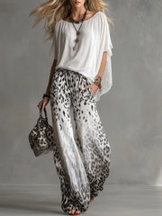 Ingvn  Summer Chiffon Outfits Woman Matching Two Piece Set for Women Solid Color Bating Sleeve Top & Leopard Print Wide Leg Pant