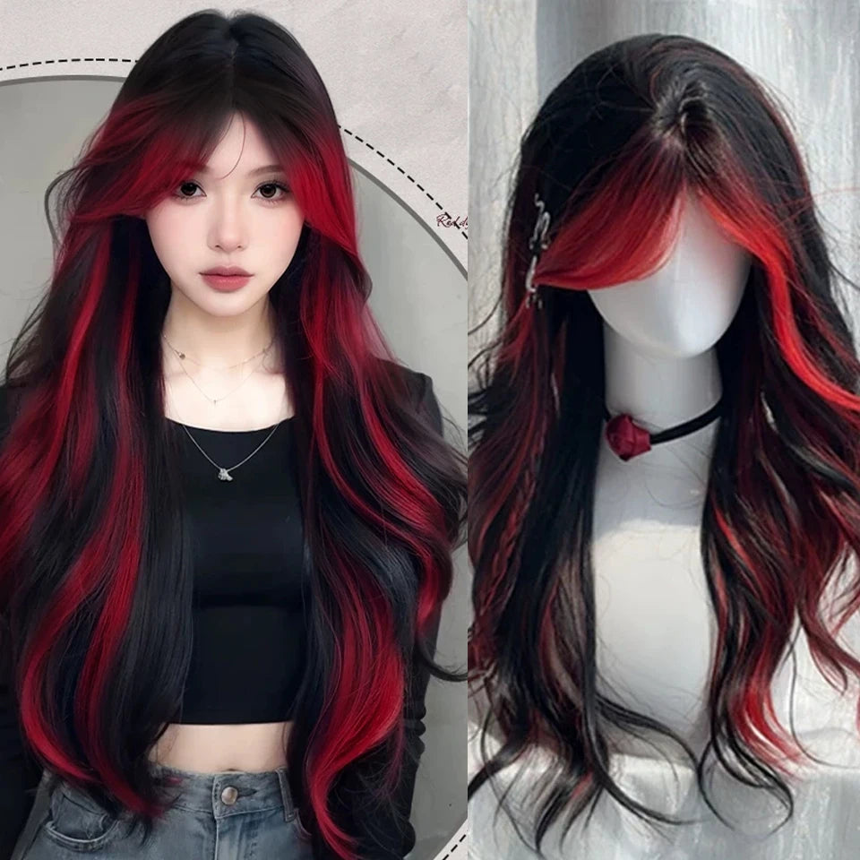 Ingvn  Long Wavy Brown Middle Part Wig Synthetic Lolita Wig Natural Cosplay Party Wig Daily Wear Halloween Costume Y2K Orange Wig