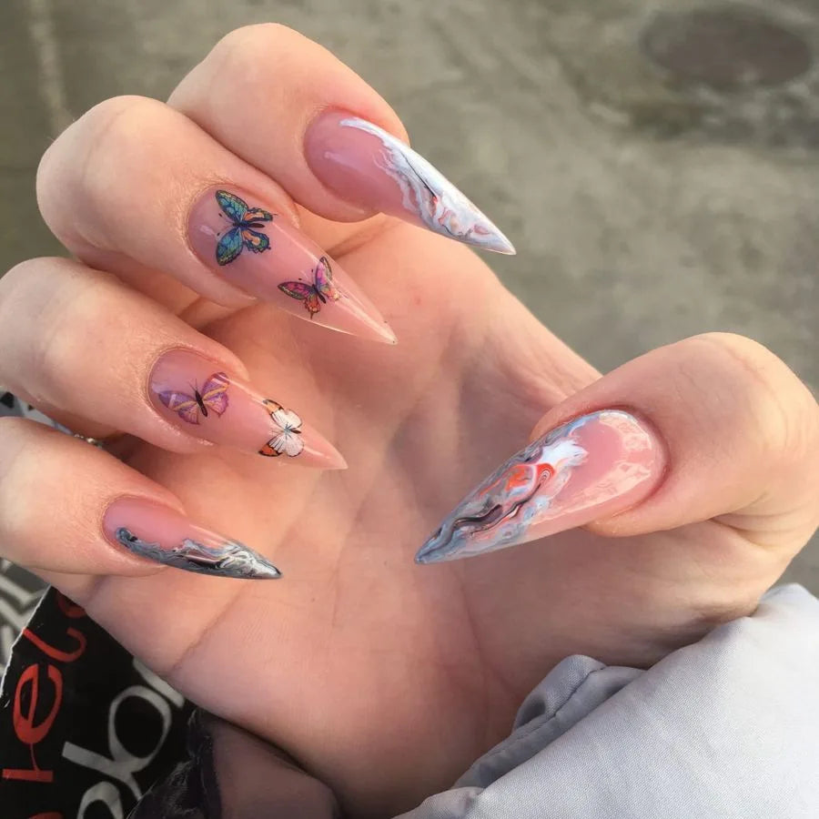 Ingvn  24Pcs Pink French False Nails Rainbow Cloud Design Full Cover Nail Tips Summer Long Almond Fake Nails Almond Press on Nails