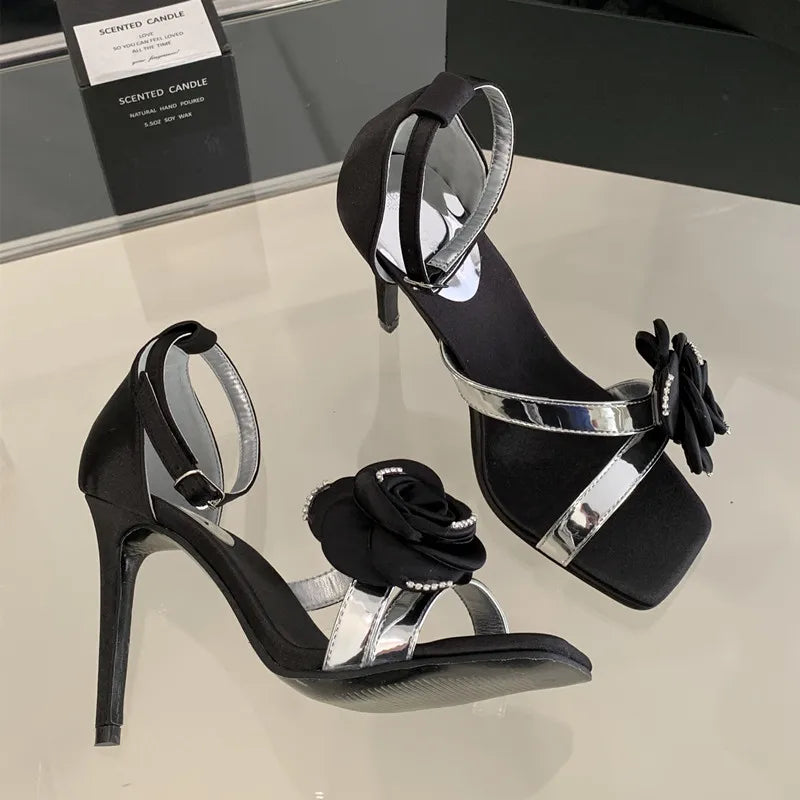 Ingvn  Fashion Flowers Rhinestones Square toe Women Gladiator Sandals Sexy Ankle Strap Buckle Thin High heels Summer Party Prom Shoes