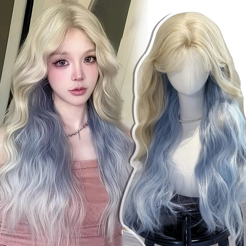 Ingvn  Long Black Highlight Pink Wig Synthetic Wavy Curly Lolita Wig Natural Cosplay Party Wig Daily Wear Halloween Costume Wig