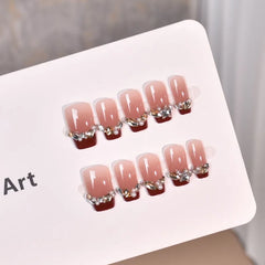 Ingvn  10pcs Red Press on Nails Aesthetic French Fake Nails with Design Reusable Adhesive Nail Tips Self-adhesive Stick-on Nails