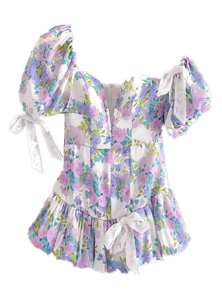 Ingvn  Sexy Short Lantern sleeve One Shoulder Party Dresses Retro Women Spliced Bow Bandage Floral Print Mini Dress